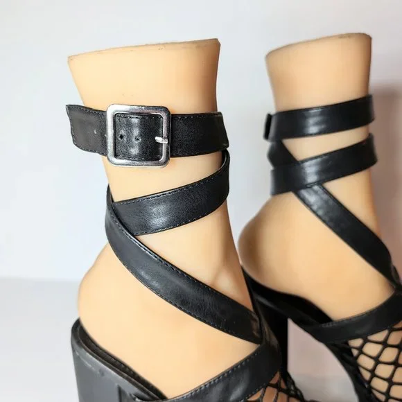 Cape Robbin Black Netted Strappy Chunky High Heels - Picture 7 of 13
